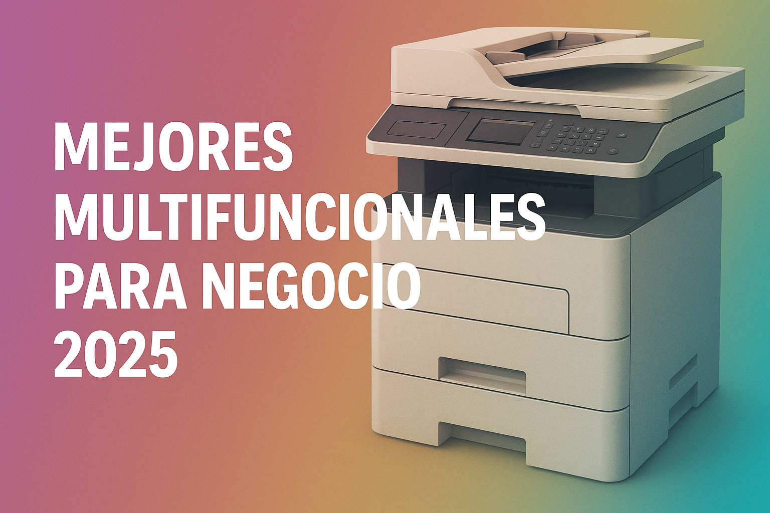 Impresora multifuncional moderna con texto Mejores multifuncionales para negocio 2025 sobre fondo degradado